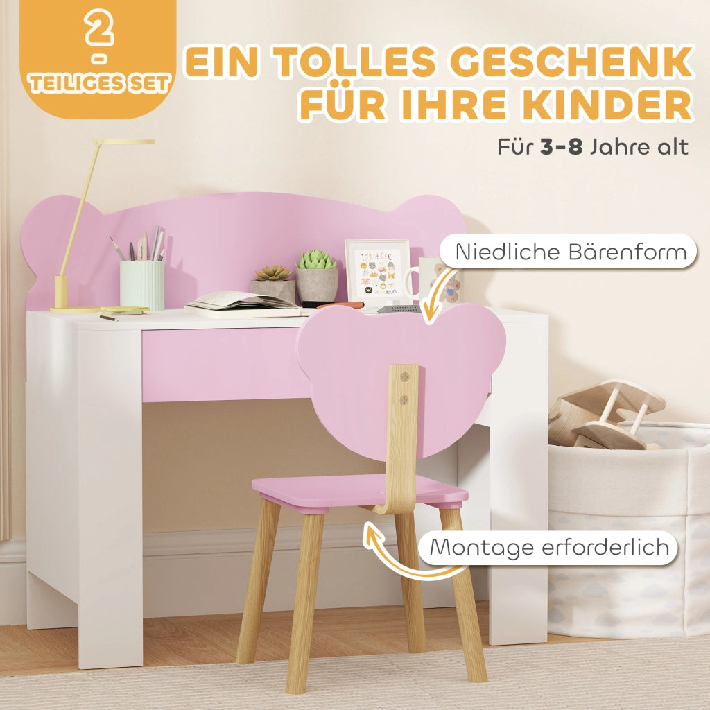 Scrivania per bambini con sedia ¨C Xylo ¨C Set rosa con cassetto forma orso 3-8 anni