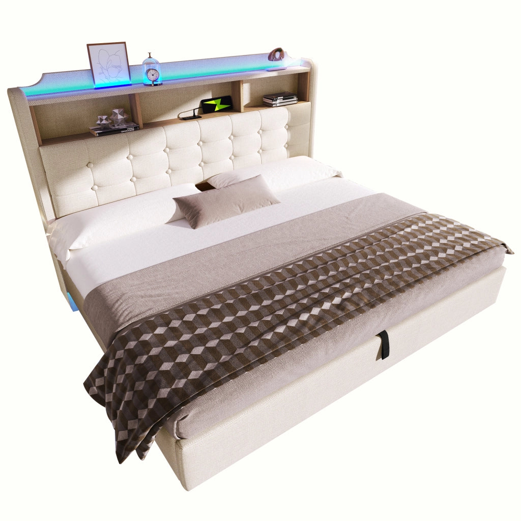 Letto matrimoniale contenitore 180x200 cm effetto sospeso con LED; testiera portaoggetti; USB e USB-C; lino beige
