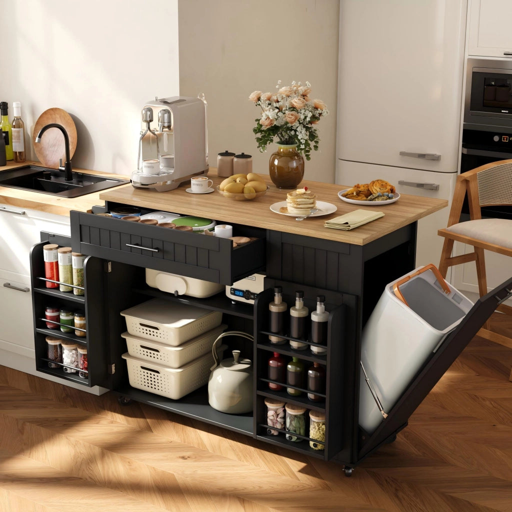 Isola da cucina mobile con piano ribaltabile, ruote bloccabili, credenza portaoggetti e vano rifiuti nascosto, 130x70x93 cm