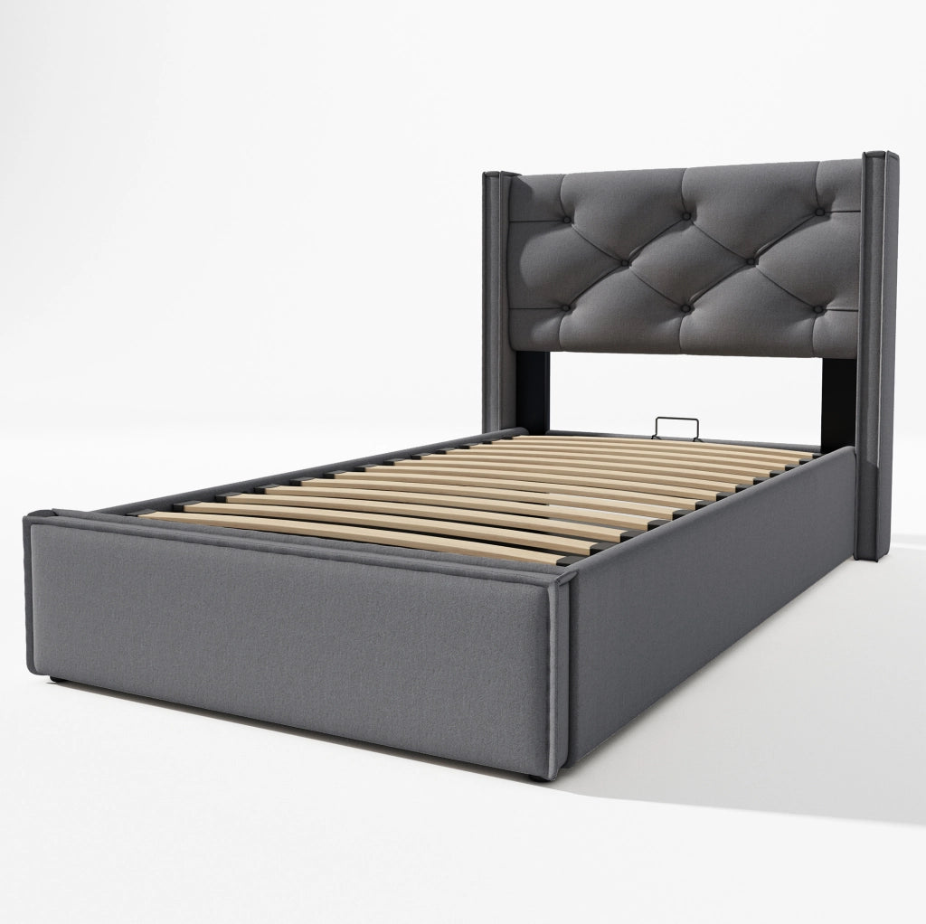 Letto imbottito 90x200 cm; con contenitore e rete sollevabile; cotone; grigio (Senza materasso)