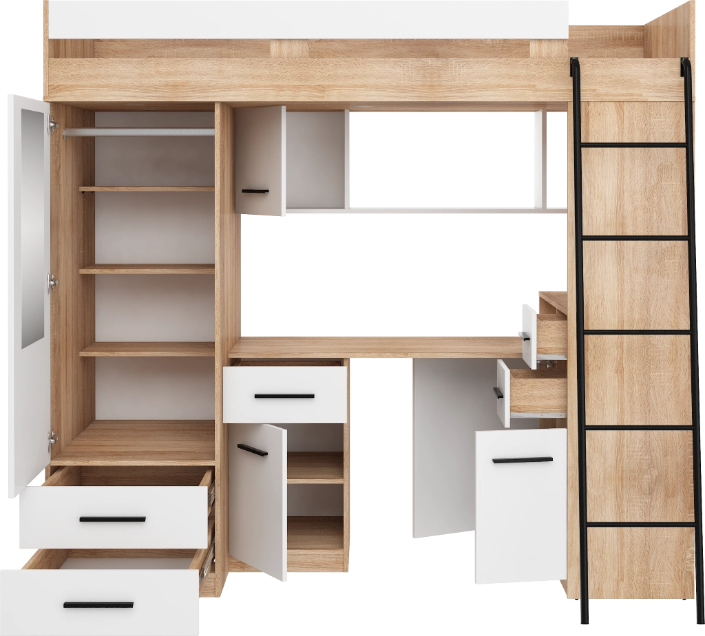 BIM Furniture letto soppalco con scrivania SMYK P cm110x204x188h Rovere chiaro Bianco