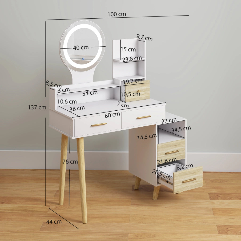 Tocador con Specchio e Luci LED ¨C zephmum ¨C 100x44x137 cm Bianco e Naturale