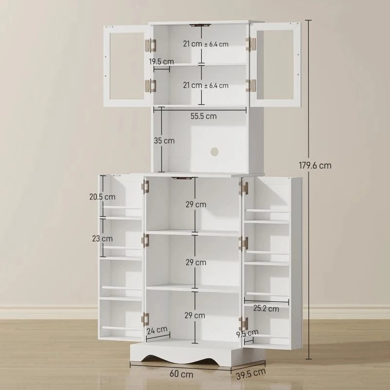 MOBILE DISPENSA CUCINA CON 2 ARMADIETTI E 8 RIPIANI, IN LEGNO E ACRILICO, 60X39.5X179.6 CM, BIANCO