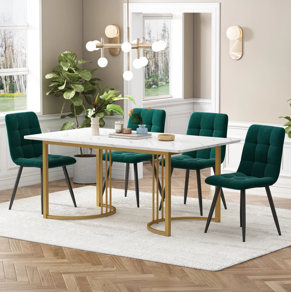 Tavolo da pranzo con 4 sedie 140x80 cm; effetto marmo; metallo; MDF; bianco