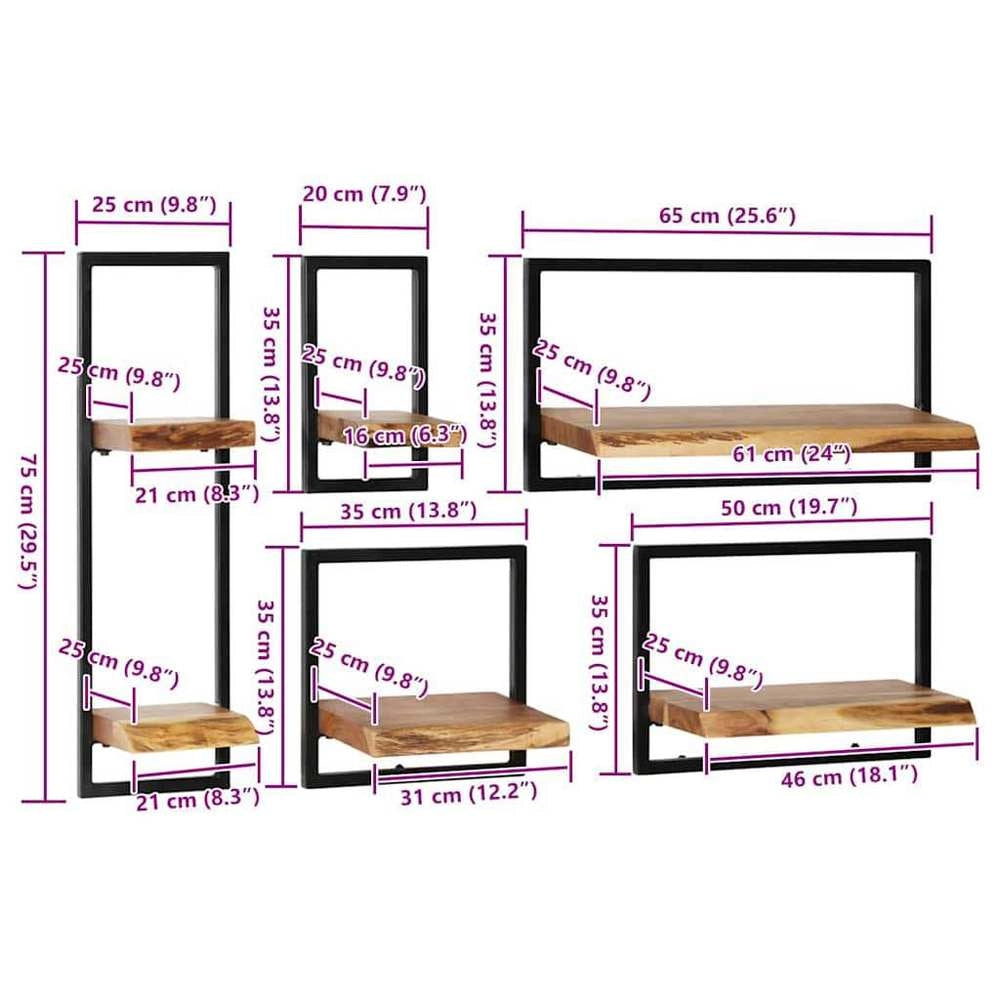 5-piece Wall Shelf Set, Solid Acacia Wood And Steel
