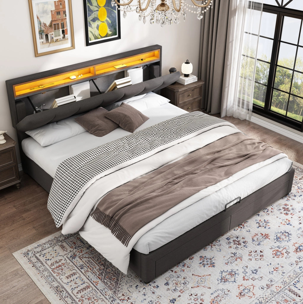 Letto imbottito 160x200 cm grigio con LED e contenitore