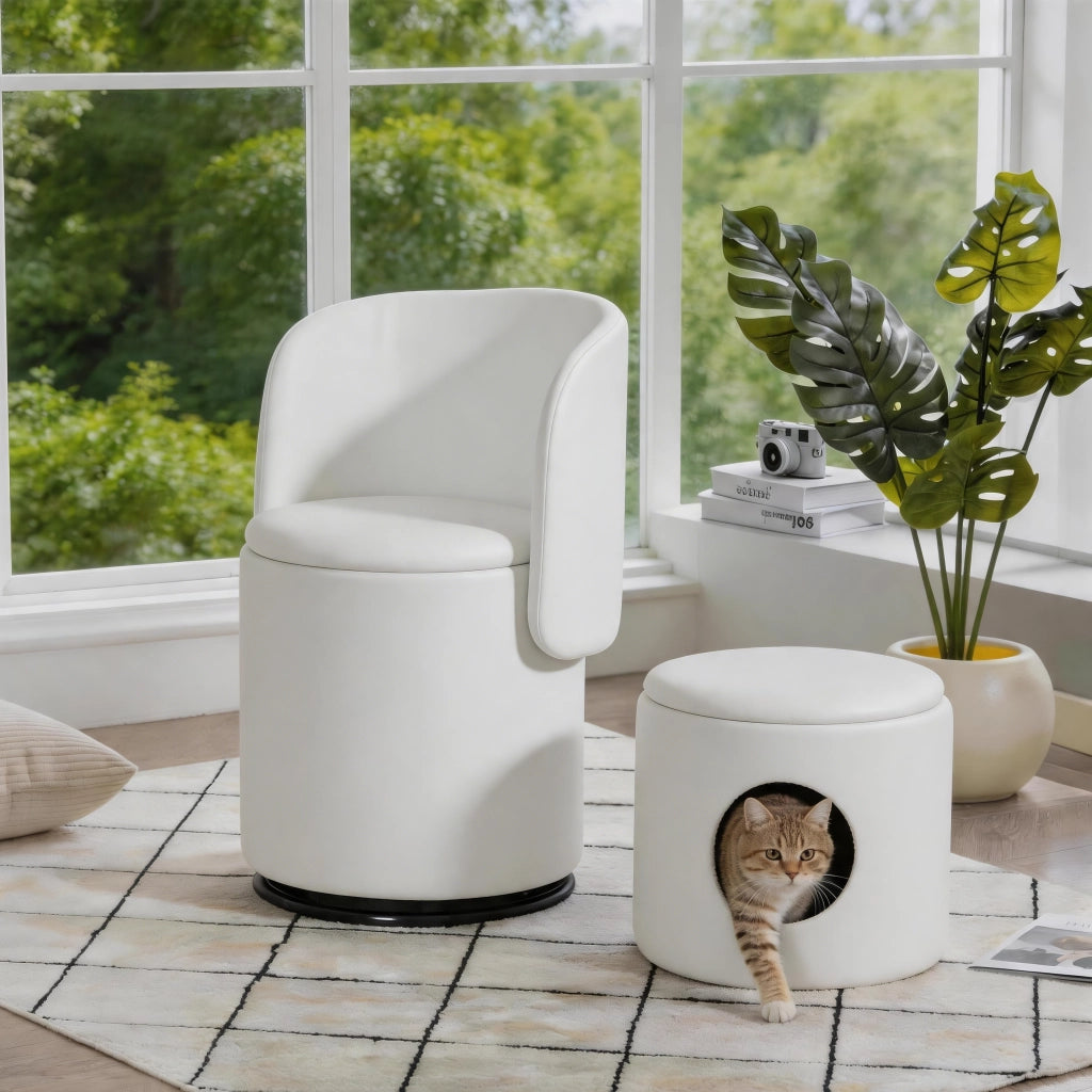 Sgabello girevole 360 gradi imbottito con contenitore e seduta morbida, per trucco e sala da pranzo in velluto bianco