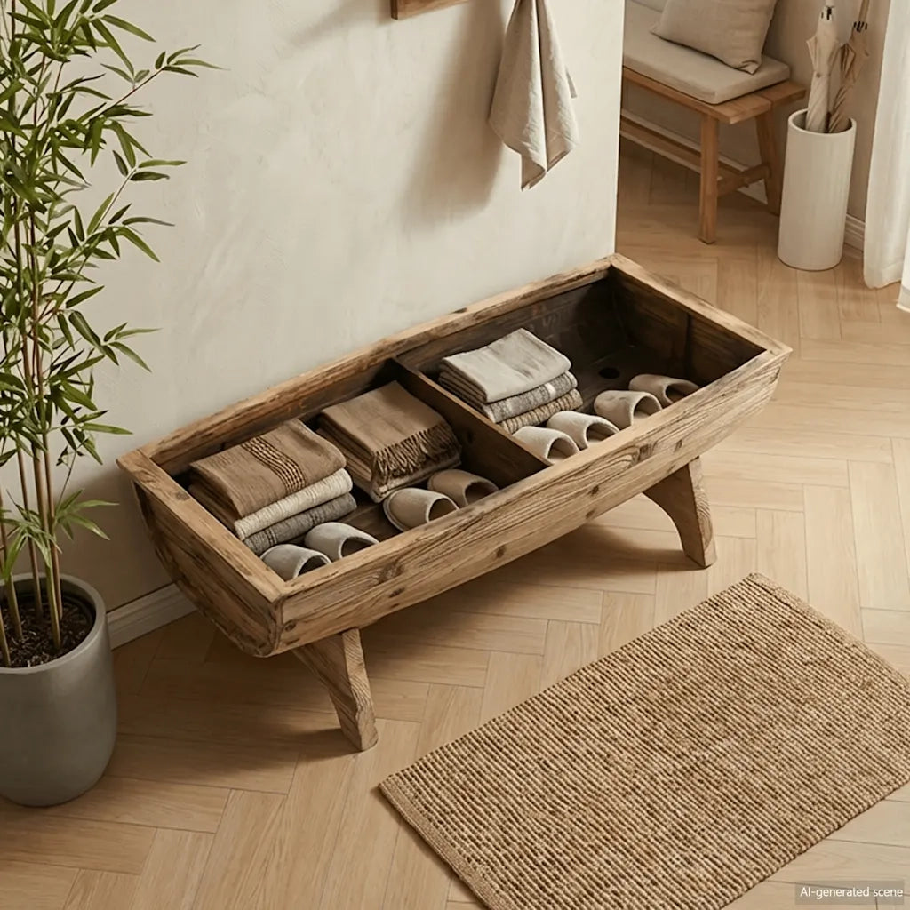 Cassapanca in Legno Massello e Tessuto 103x51x44 cm