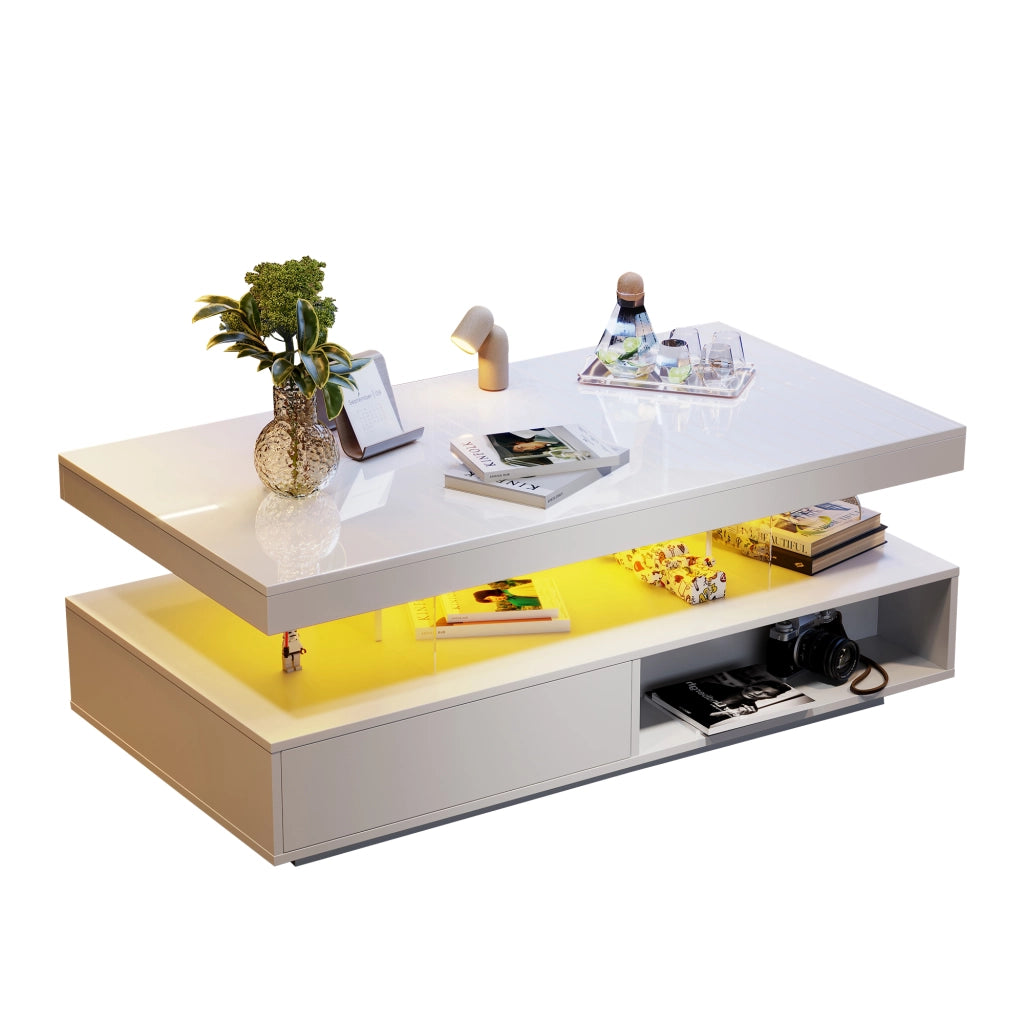 Tavolino da salotto con 4 ripiani in vetro - Zephmum- 95x50x42.5 cm- Bianco lucido- Con cassetti e ripiani aperti