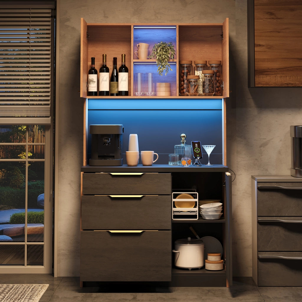 Credenza alta da cucina 100x40x180 cm in MDF, finitura moderna, piano nero, LED regolabile e presa EU