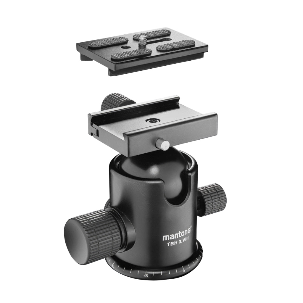Mantona Basic TBH 3. VIII testa a sfera - testa a sfera panoramica a 360°, portata 25 kg, altezza 12 cm, peso 740 g, per treppiede fotografico, fotocamera DSLR e DSLM