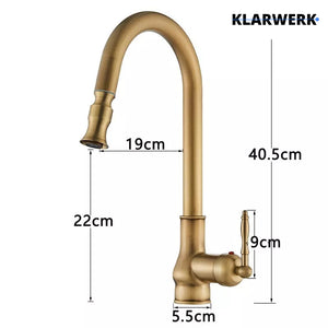 JANA | Rubinetto da cucina estraibile vintage in acciaio inossidabile nero antico | miscelatore arco alto |alta pressione ruotabile a 360° 2 attacchi