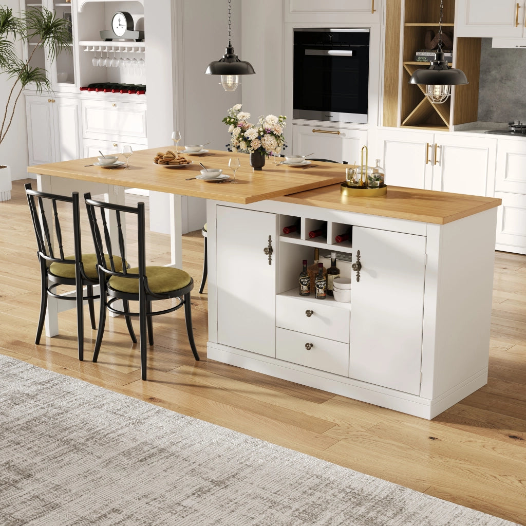 OKWISH Tavolo Consolle Allungabile con Vani Contenitori, Portabottiglie e Ripiani Regolabili, Girevole, in MDF, Naturale e Bianco