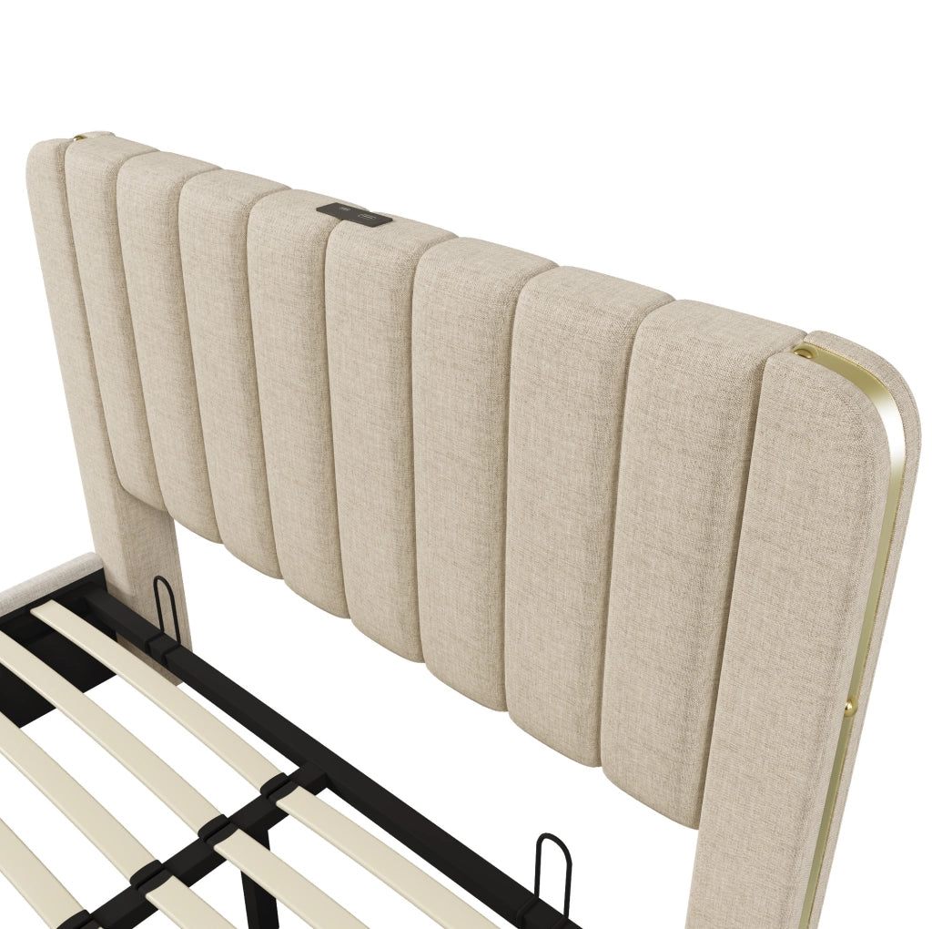 Letto matrimoniale contenitore 160x200 cm con porta USB e USB C; lino beige
