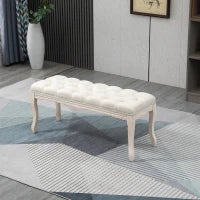 Panca Fondoletto Vintage con Seduta Imbottita in Tessuto e Gambe in Legno, 110x40x48cm, Beige