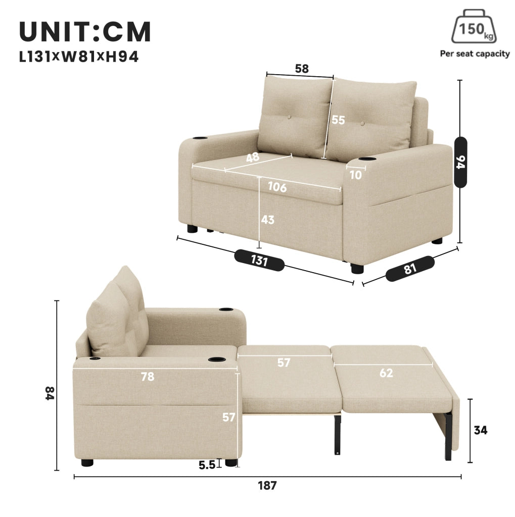 Divano Letto 3-in-1 Beige con Porta Bicchieri, Tasche Laterali, Cuscini e Porta USB, 2 Posti