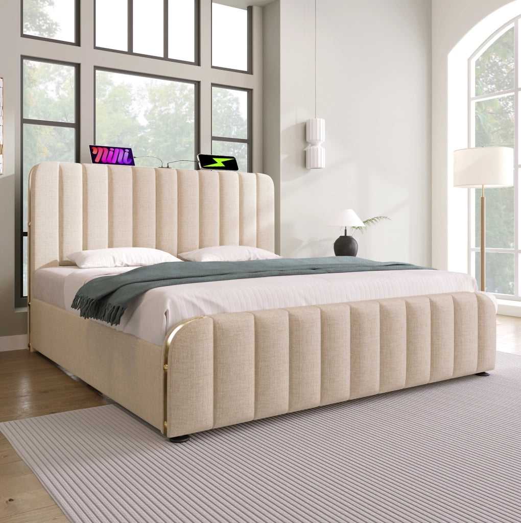 Letto matrimoniale contenitore 140x200 cm in lino beige con testiera USB e Type-C