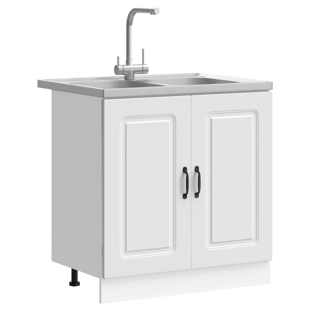 Armadio da cucina  "Kalmar" con doppi lavelli in legno ingegnerizzato bianco