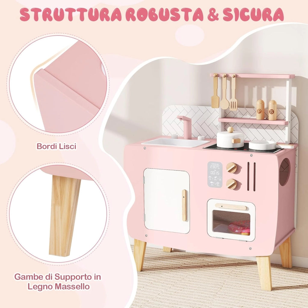 Cucina Giocottolo in Legno per Bambini, Set Gioco di Ruolo Chef con Luci e Suoni, Forno, Fornelli, Microonde e Accessori Vari, Adatto a Bambini 3+ Anni, 58 x 29 x 73,5 cm