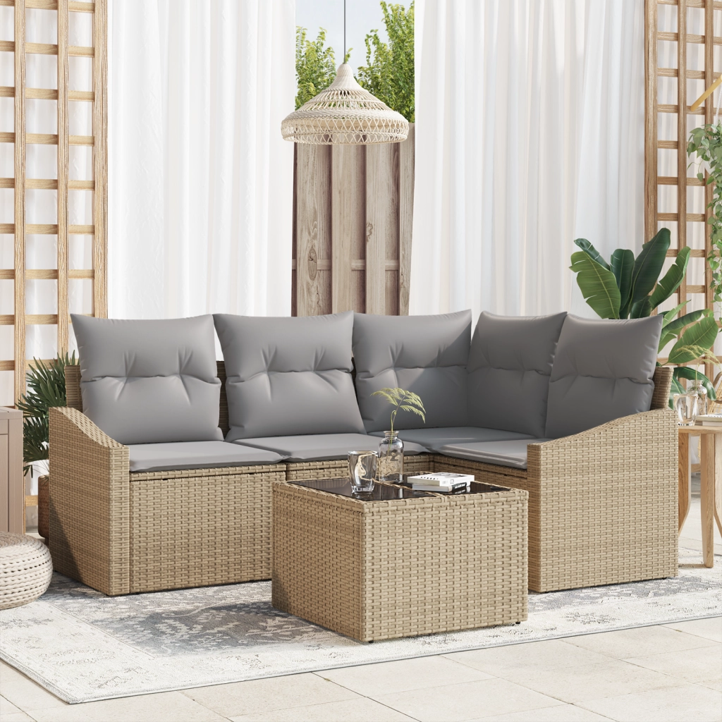 Set da pranzo da giardino 5 pezzi con cuscini in polirattan nero