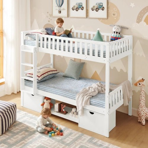 Letto bambini in legno di pino 90x200; scomponibile in 2 letti; sponde; cassetti; scala; bianco