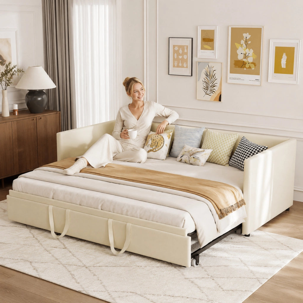 Divano‑letto multifunzione crema in velluto, meccanismo con ruote, montaggio veloce, divano trasformabile per appartamento