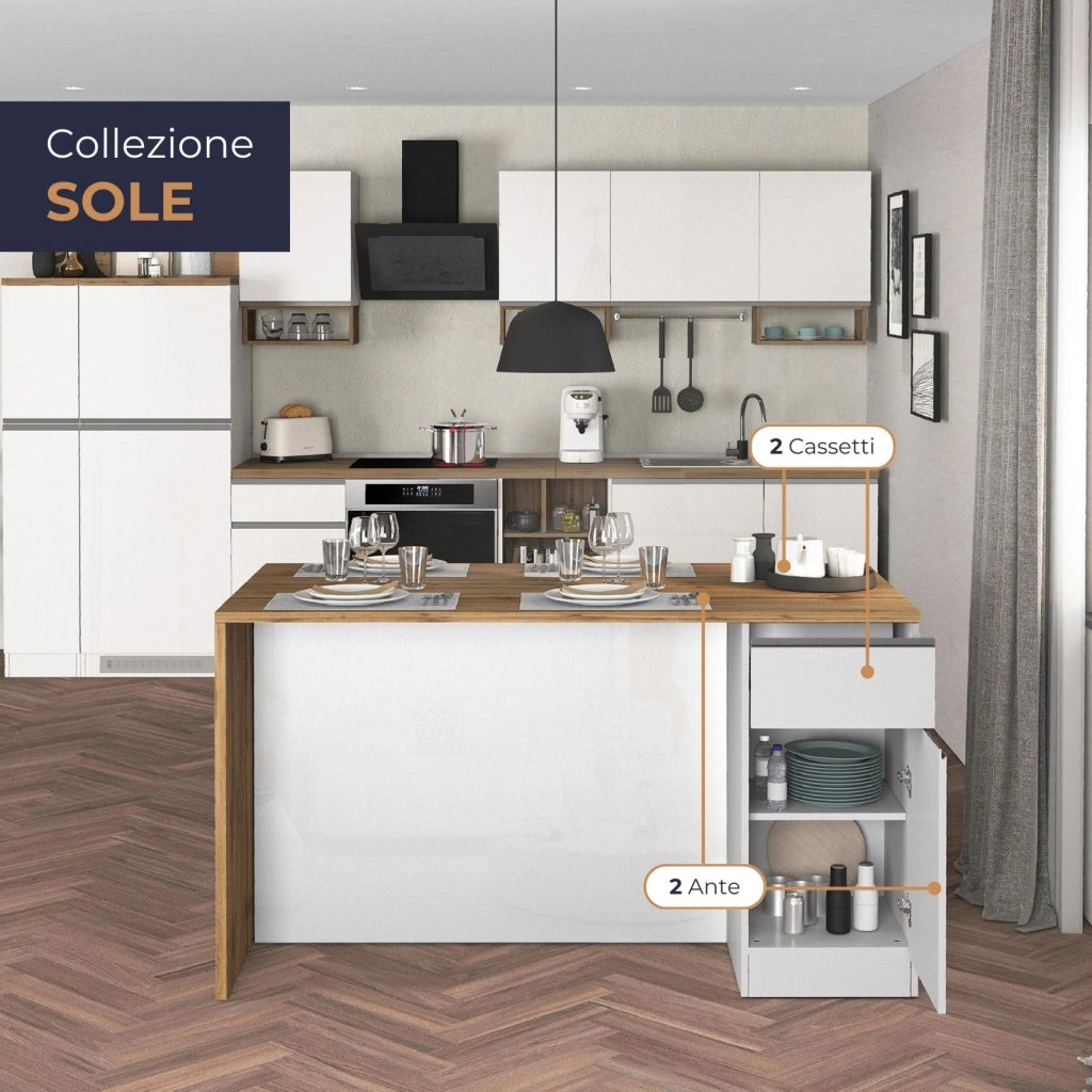 WHOUS Isola da cucina Sole a 2 ante e 2 cassetti bianco lucido e rovere 160x90x90 cm
