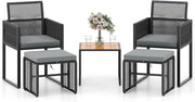 Set di Mobili da Giardino in Rattan per 2-4 Persone, Tavolo da Giardino con Piano in Legno e 2 Sedie (Capacità 180 kg), 2 Sgabelli, 4 Cuscini Rimuovibili, Arredamento da Giardino per Patio