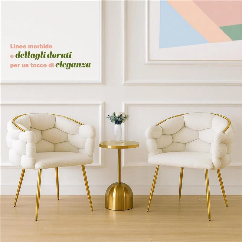 POLTRONA IMBOTTITA IN TESSUTO TEDDY CON STRUTTURA IN METALLO ORO DIMENSIONI 71X46X82H CM COLORE BIANCO