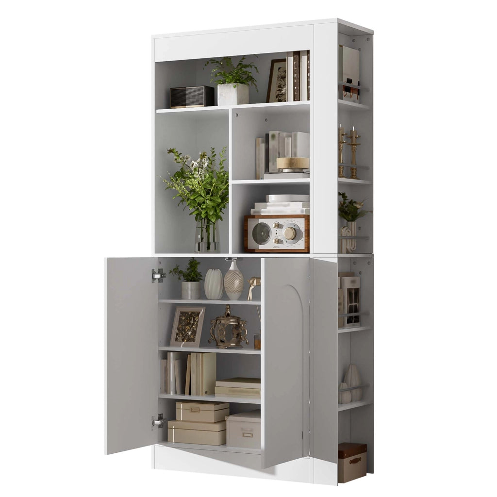 Mobile contenitore con ripiani aperti, 2 ante e ripiani regolabili, per soggiorno, bianco, 85 × 35 × 180 cm