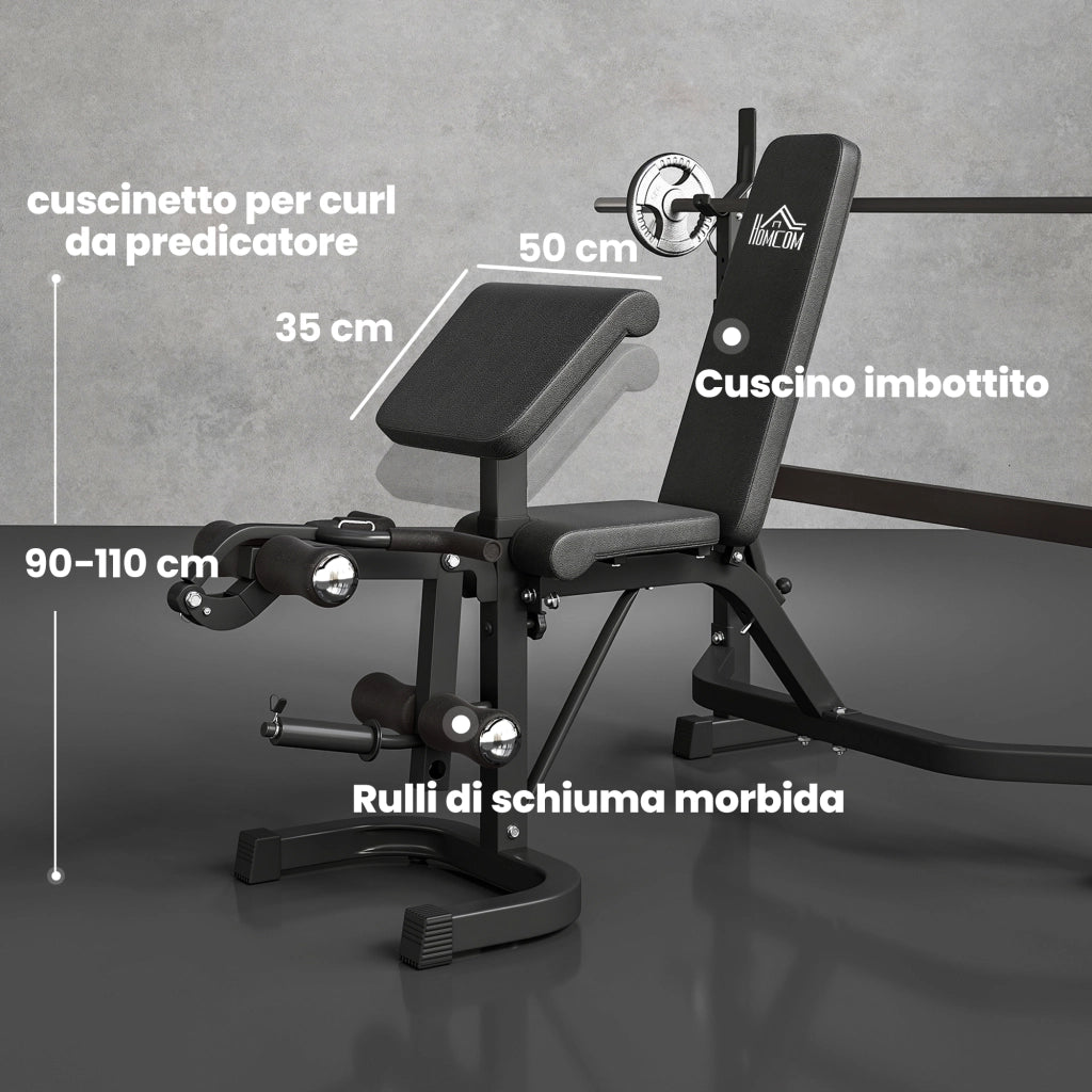 Panca Multifunzione Regolabile 187x140x117-136 cm con Rack Bilanciere in Acciaio e PU Grigio e Nero