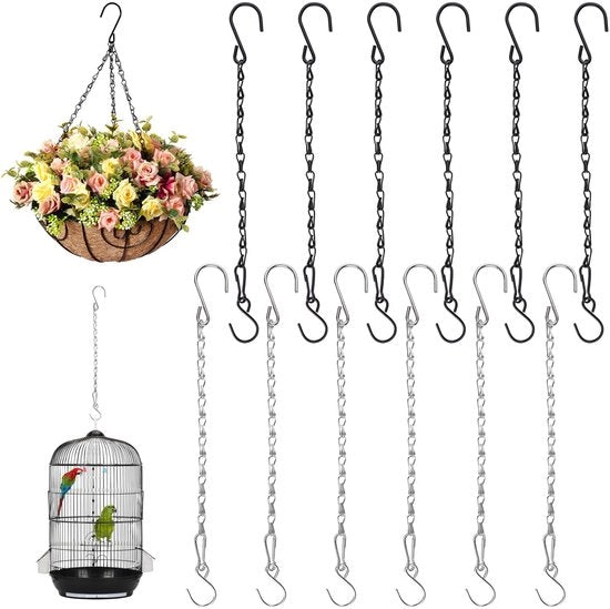Pacchetto di 12 catenelle per appendere, 29 cm catena metallica per appendere piante, catenelle per appendere piante con ganci, per gabbiani, vasi per piante, lampade, campane del vento, vasi fiorali (nero, argento)