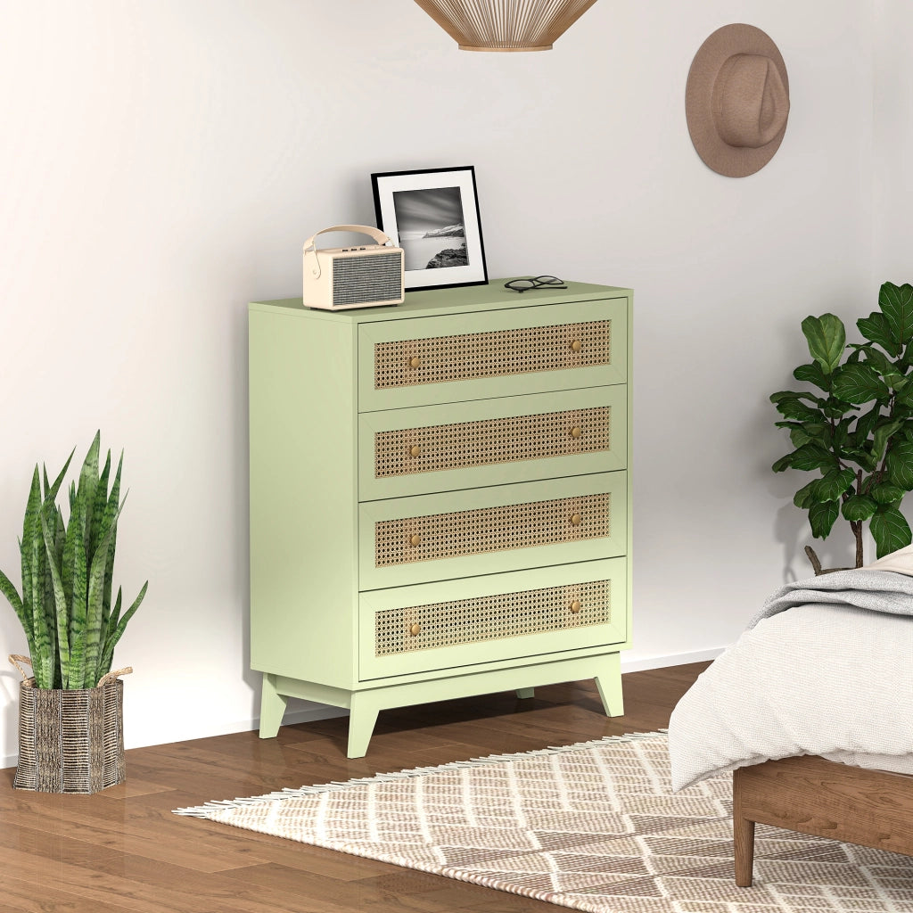 Cassettiera 4 Cassetti Cannage ¨C Minimal ¨C 80x35x95 Legno Chiaro Verde