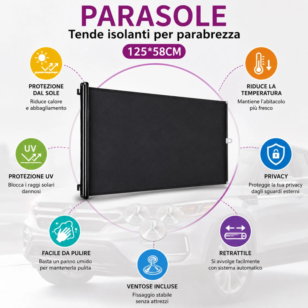 TENDINA PARASOLE AVVOLGIBILE PER AUTO 125x58CM PARABREZZA OSCURANTE CA-02466