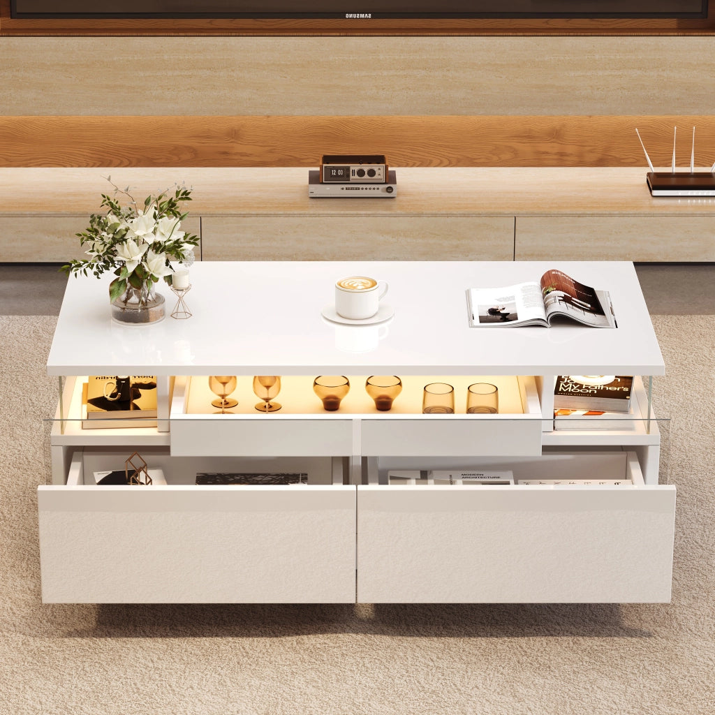 Tavolino da caffè con 2 cassetti e LED - per soggiorno - 90×45×35.5 cm - bianco