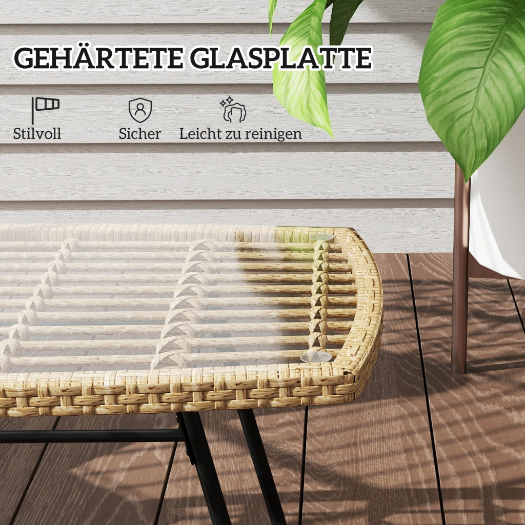 Tavolino da giardino in polirattan; 90 x 50 x 45 cm; tavolino laterale resistente ai raggi UV con piano in vetro; legno naturale