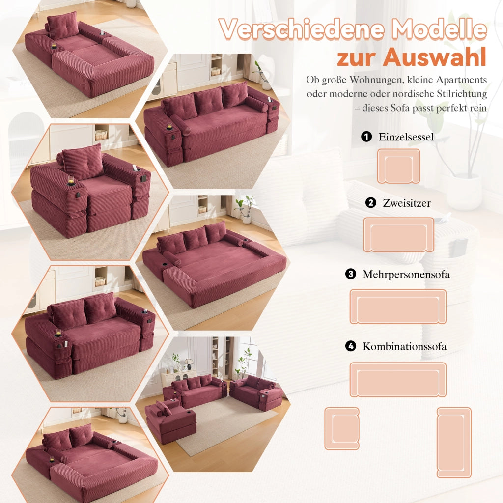 Divano letto modulare con tasche laterali e portabicchieri in velluto a coste rosso vino 122 × 98 × 80 cm