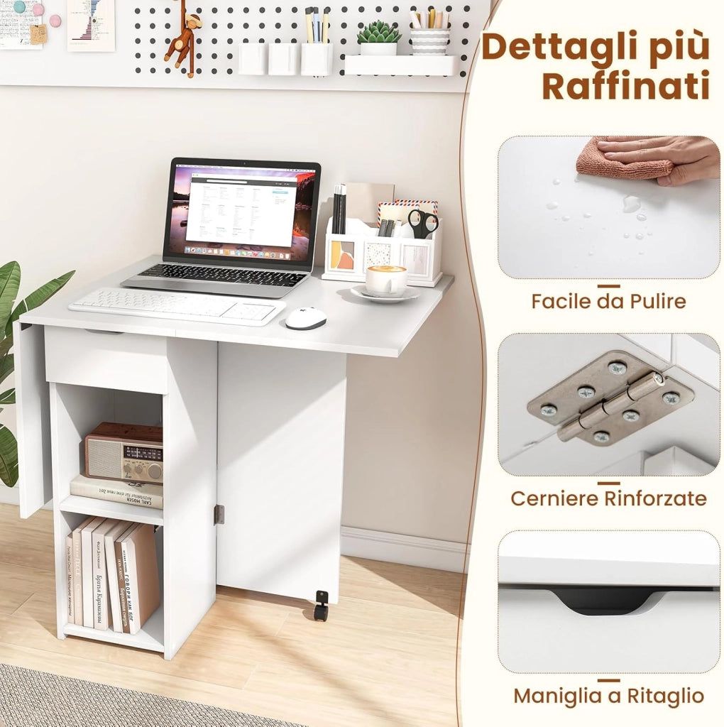 Tavolo da Pranzo Pieghevole, Tavolo Salvaspazio per 4-6 Persone con 2 Ripiani, Cassetto e Ruote a Freno, Tavolino Cucina per Soggiorno, Cucina e Ufficio (Bianco, 34-120 x 72 x 75 cm)