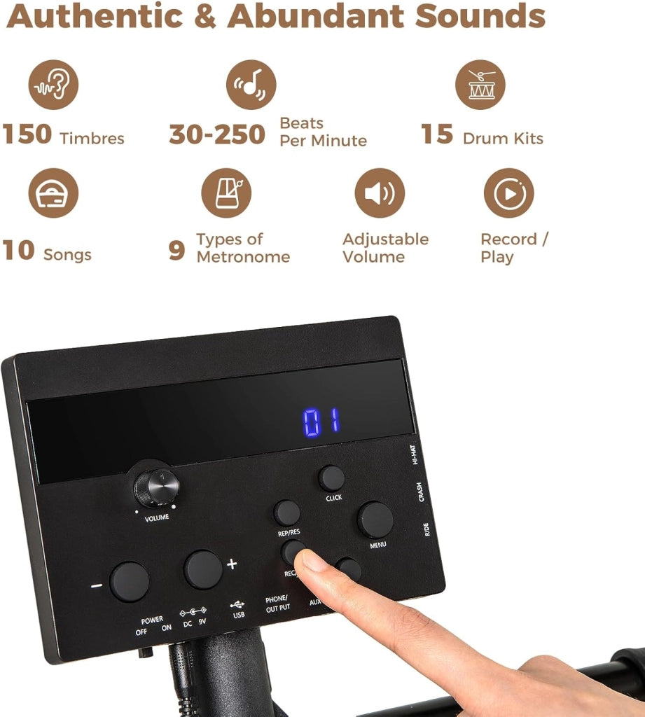 Batteria elettronica con pad, batteria musicale con 150 suoni, 10 dimostrazioni, piatti da 24 cm, strumento musicale con sgabello regolabile, pedali, bacchette e auricolari, USB MIDI