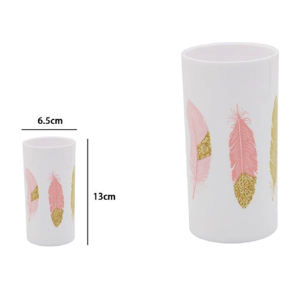 Trade Shop - Bicchiere Porta Spazzolino Con Piume Bianco In Plastica Accessorio Bagno 69799 -