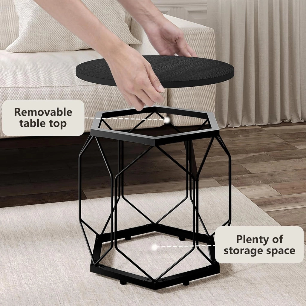 Set di 2 Tavolini da Salotto Rotondi, Tavolini Contenitori in Legno e Metallo, Tavoli Caffè con Piano Rimovibile, per Soggiorno, Camera da Letto, Legno Nero, BTS05szdc