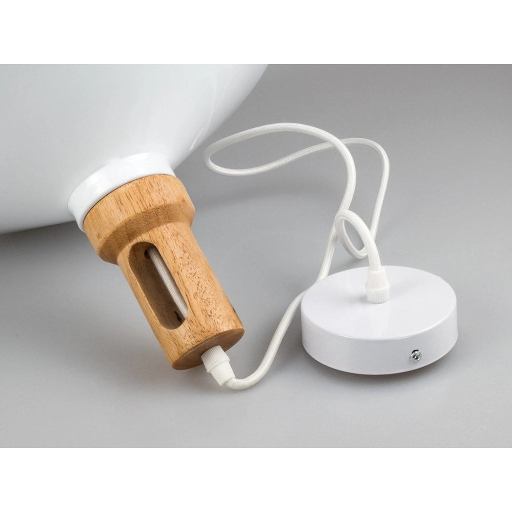 Trade Shop - Lampadario Pendente Lampada A Sospensione Parabola Bianca Base In Legno Vt-7545 -