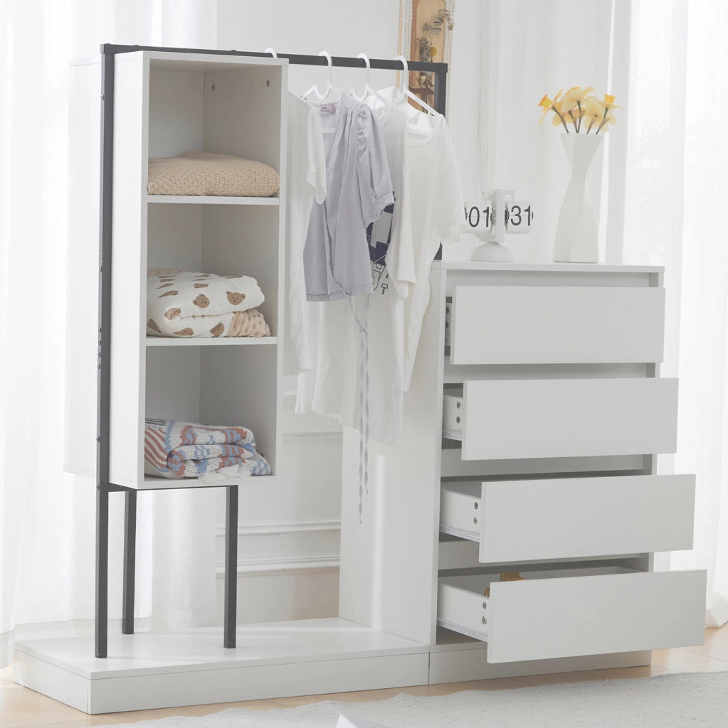Armadio contenitore bianco con 4 cassetti e vani aperti, 140×40×135 cm