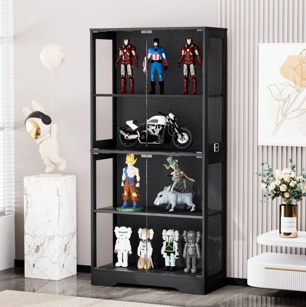 Vetrina in vetro 80 x 35 x 165 cm nera con LED, sensore, 4 ripiani
