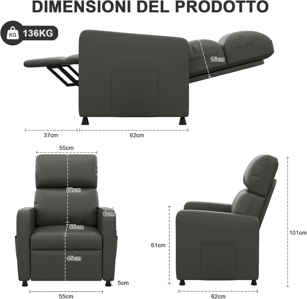 Poltrona Relax Elettrica Ergonomica Reclinabile 90°-165°in Pelle PU, Poltrona Reclinabile con Schienale e Poggiapiedi Regolabile, per Soggiorno/Ufficio, con Tasconi Laterali, Verde grigio