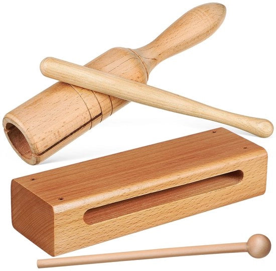 Set di percussioni per bambini, blocco di legno con martelletto, tamburo di legno con martelletto, tamburo di legno, strumenti Orff, per lo sviluppo del ritmo e del senso del tempo