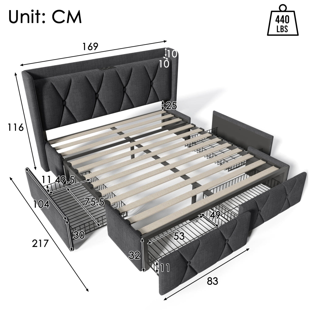 Letto imbottito 160x200 cm con USB; 4 cassetti; tessuto lino grigio