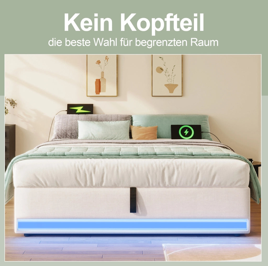 Letto imbottito 140x200 cm con LED, USB e vano contenitore