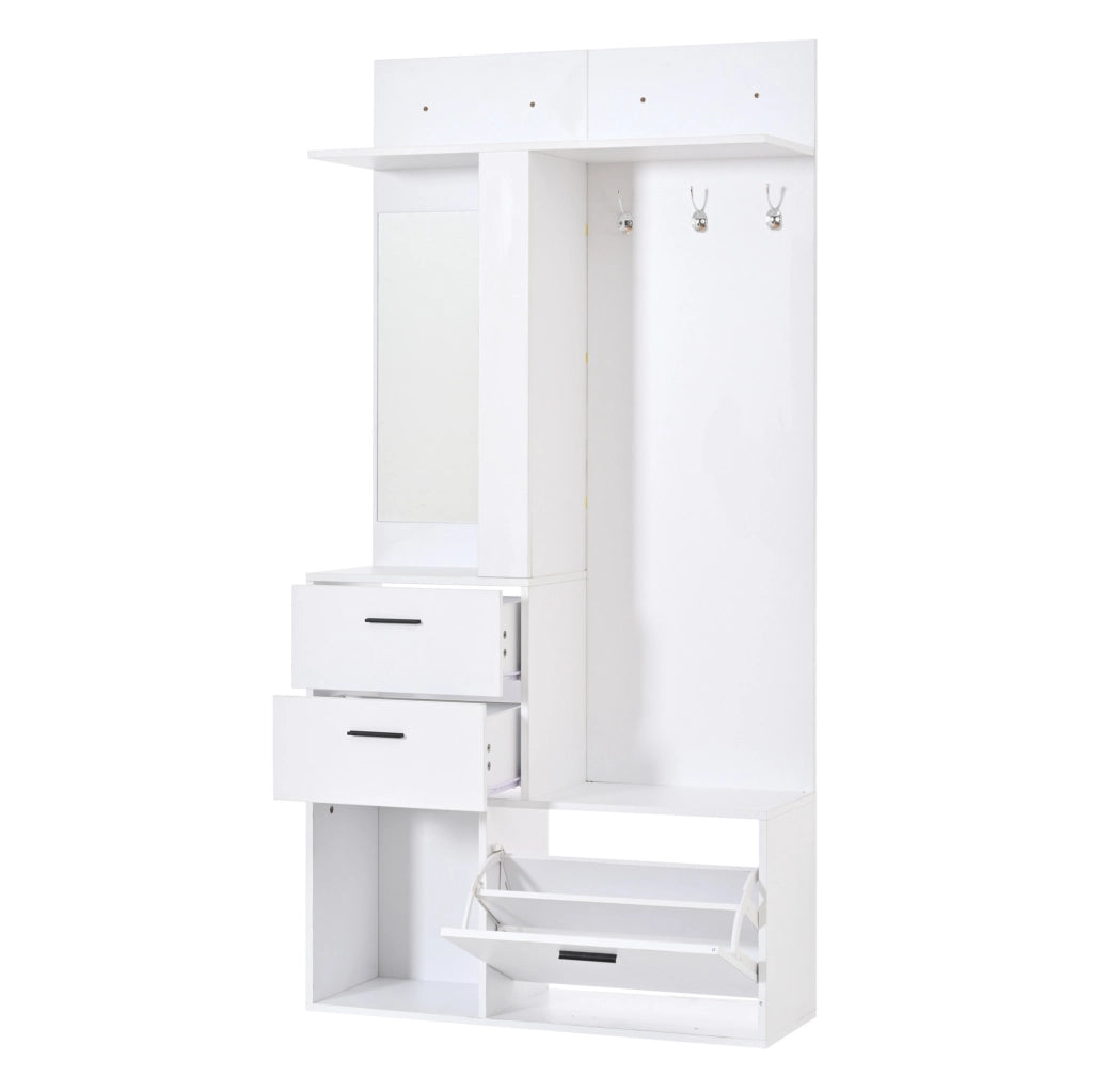 Garderoba 90x30x180 cm con specchio; ripiani pieghevoli e ganci in MDF bianco