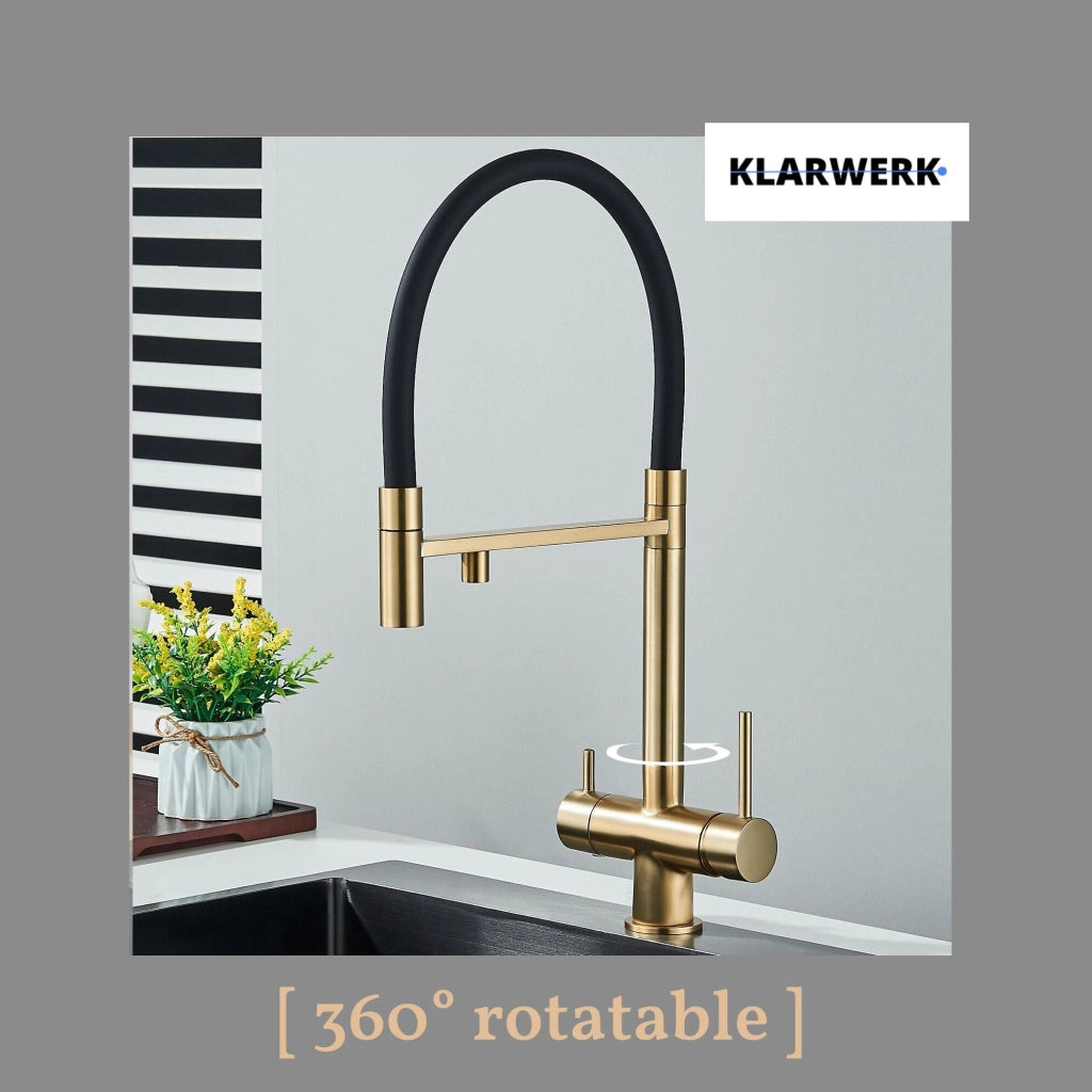 Lana | Rubinetto allungabile nero oro a 3 vie |Miscelatore cucina per acqua potabile in acciaio inossidabile - Girevole a 360° | Filtra 3 connessioni